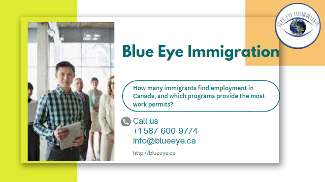 How many immigrants find employment in Canada, and which programs provide the most work permits?